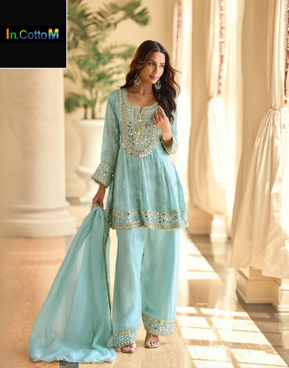 CREP SILK PLAZZO SUIT SET WITH REAL MIRROR & HAND WORK