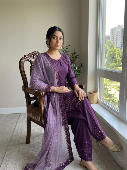 NATURAL CREPE TOP AND FARSHI PALAZZO SET WITH EMBROIDERED DUPATTA