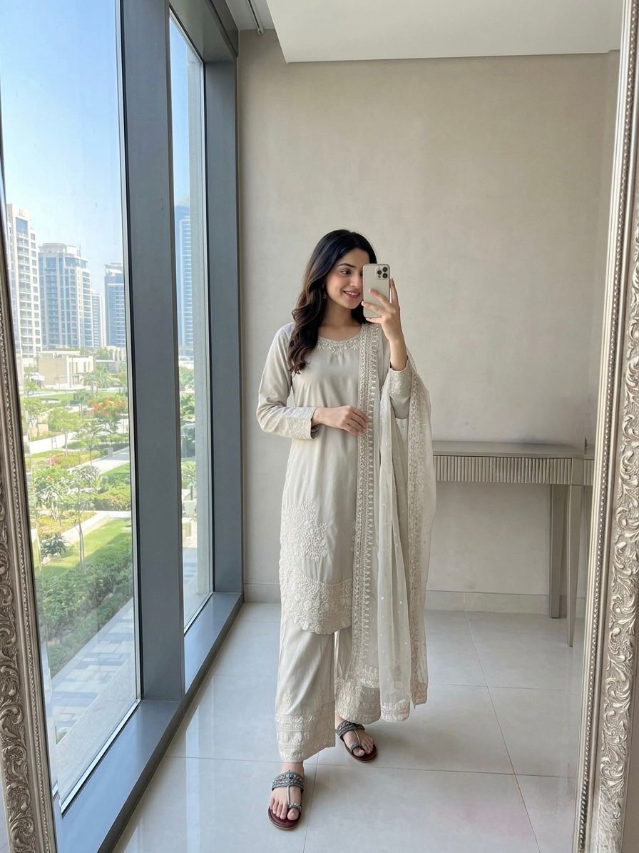 NATURAL CREPE TOP AND FARSHI PALAZZO SET WITH EMBROIDERED DUPATTA