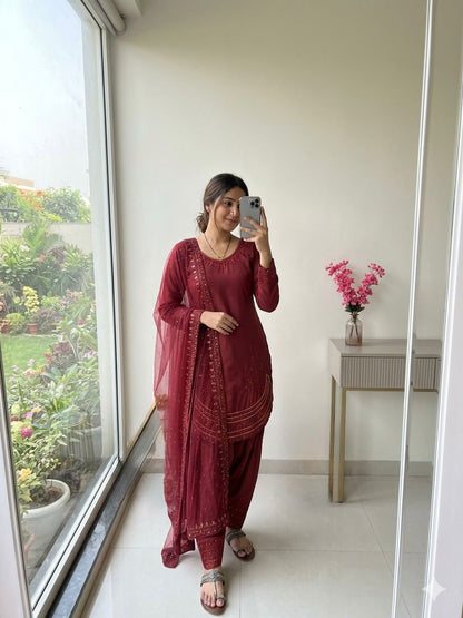 NATURAL CREPE TOP AND FARSHI PALAZZO SET WITH EMBROIDERED DUPATTA