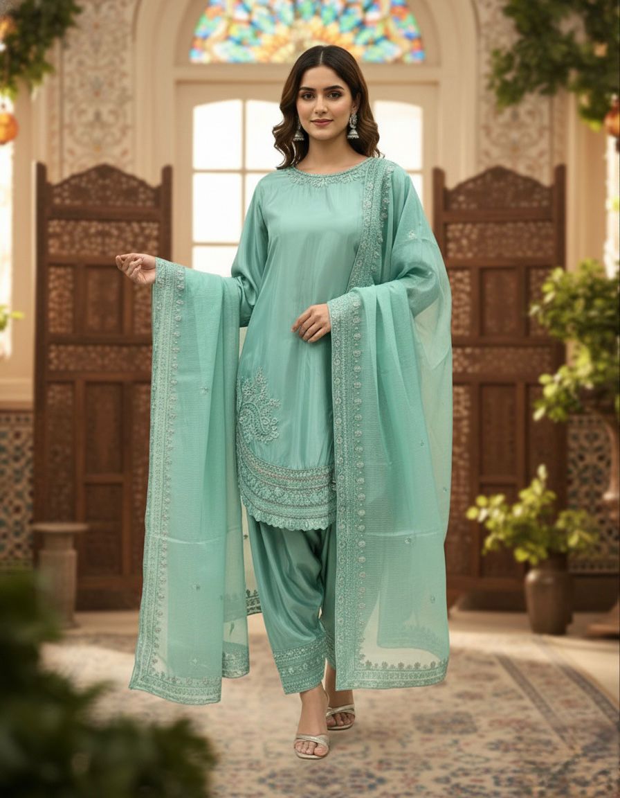 NATURAL CREPE TOP AND FARSHI PALAZZO SET WITH EMBROIDERED DUPATTA
