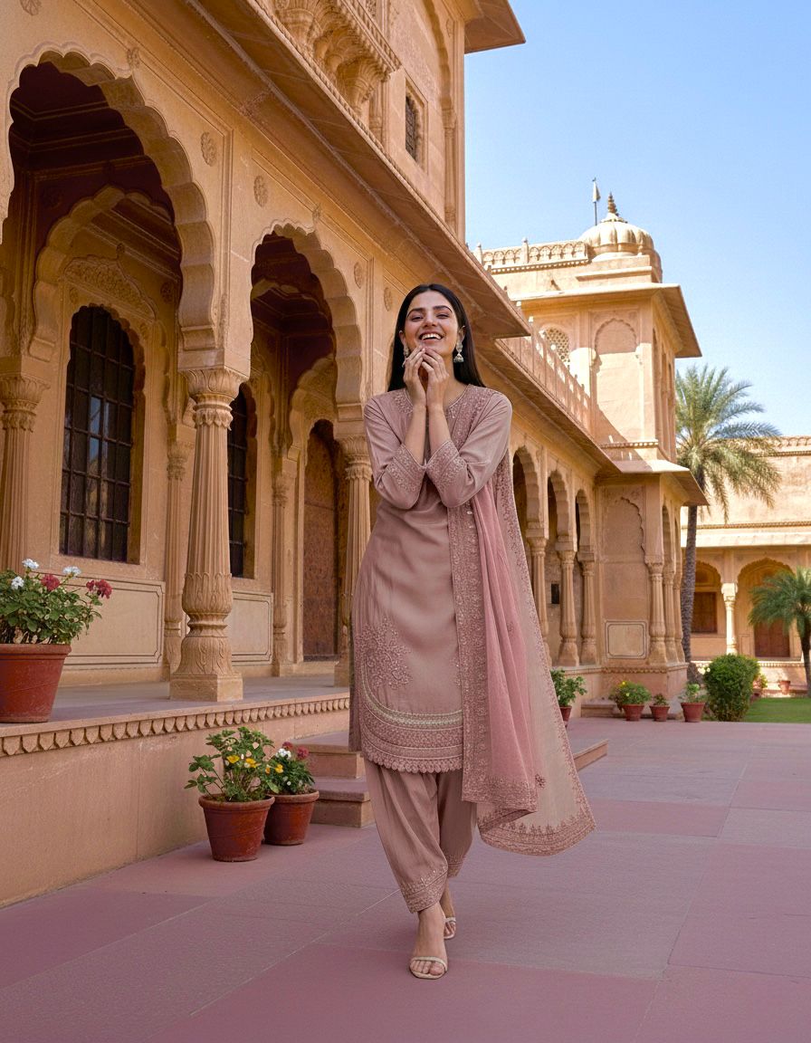 NATURAL CREPE TOP AND FARSHI PALAZZO SET WITH EMBROIDERED DUPATTA