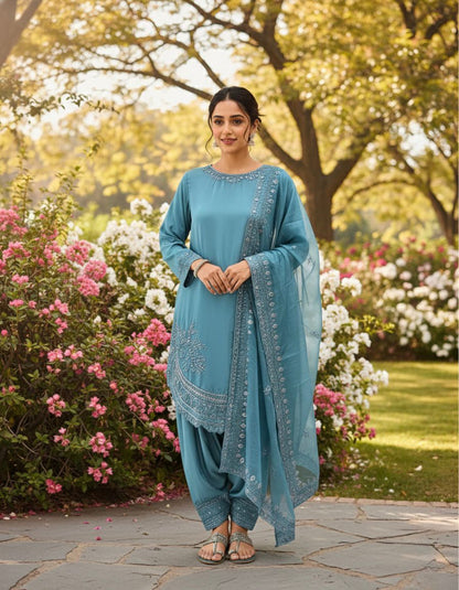 NATURAL CREPE TOP AND FARSHI PALAZZO SET WITH EMBROIDERED DUPATTA