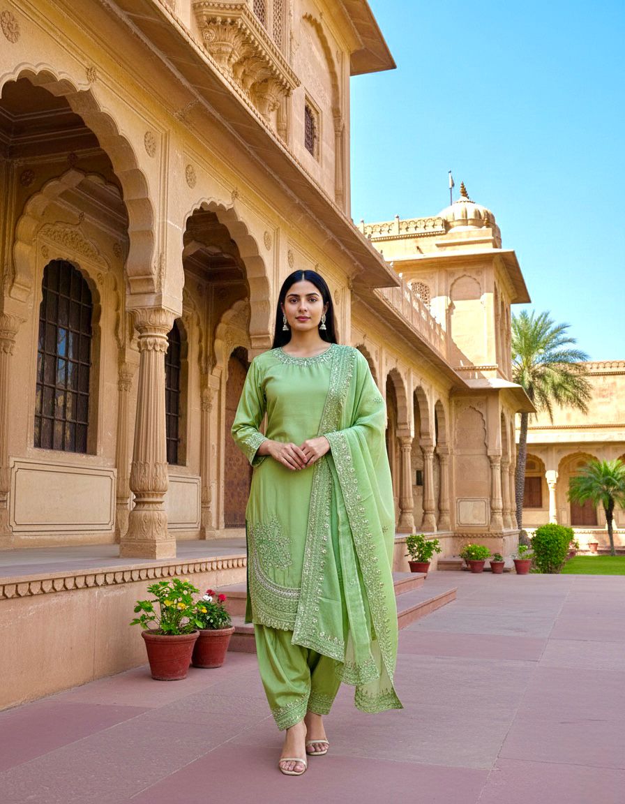 NATURAL CREPE TOP AND FARSHI PALAZZO SET WITH EMBROIDERED DUPATTA