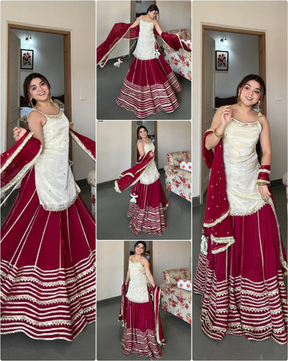 MAROON & WHITE FENDY SILK MIRROR WORK TOP PAIRED WITH  LEHENGA & MATCHING DUPATTA
