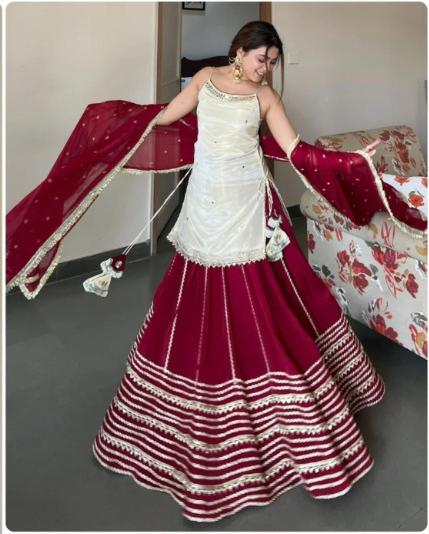 MAROON & WHITE FENDY SILK MIRROR WORK TOP PAIRED WITH  LEHENGA & MATCHING DUPATTA