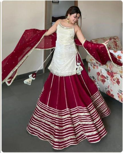 MAROON & WHITE FENDY SILK MIRROR WORK TOP PAIRED WITH  LEHENGA & MATCHING DUPATTA