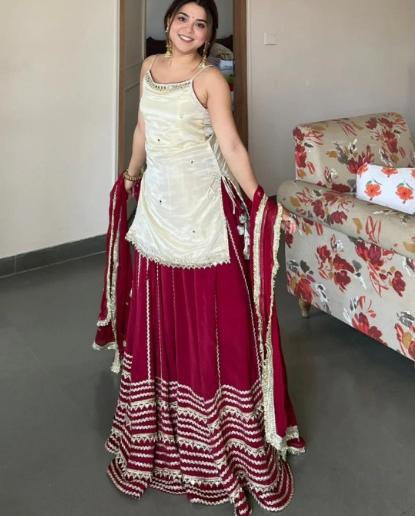 MAROON & WHITE FENDY SILK MIRROR WORK TOP PAIRED WITH  LEHENGA & MATCHING DUPATTA