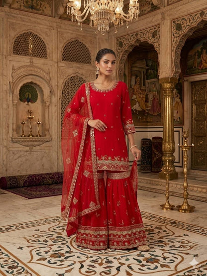 RED - SHARARA KURTA SET WITH DUPATTA