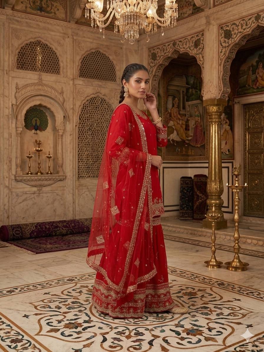 RED - SHARARA KURTA SET WITH DUPATTA