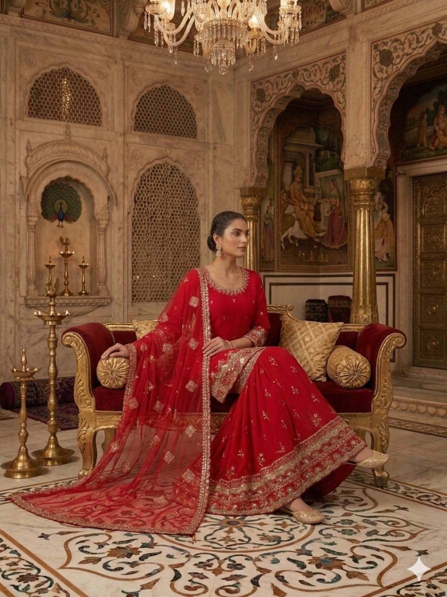 RED - SHARARA KURTA SET WITH DUPATTA