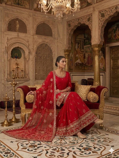 RED - SHARARA KURTA SET WITH DUPATTA