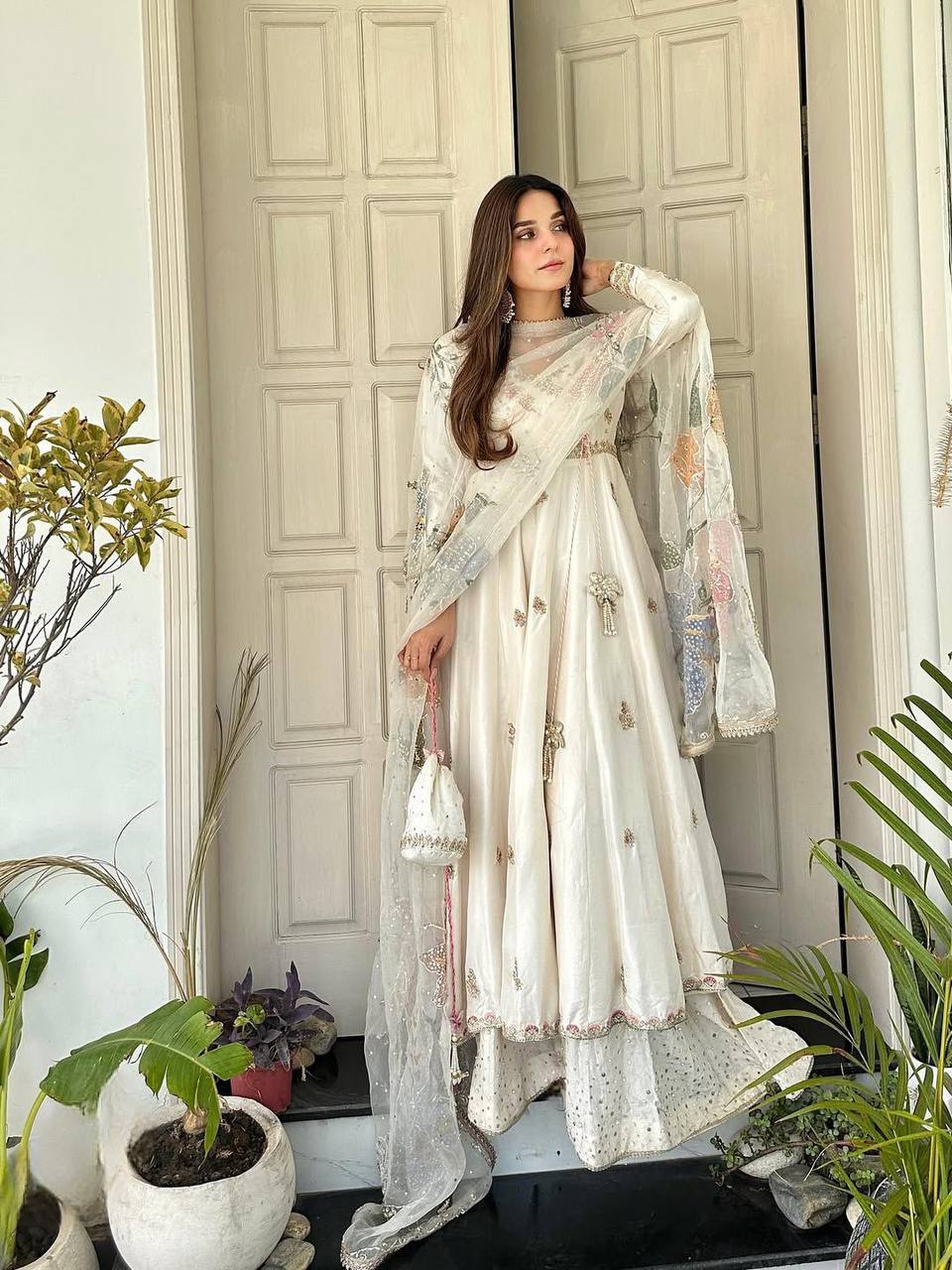 OFF-WHITE EMBROIDERED CHINON 3-PIECE GOWN SET WITH  ORGANZA DUPATTA