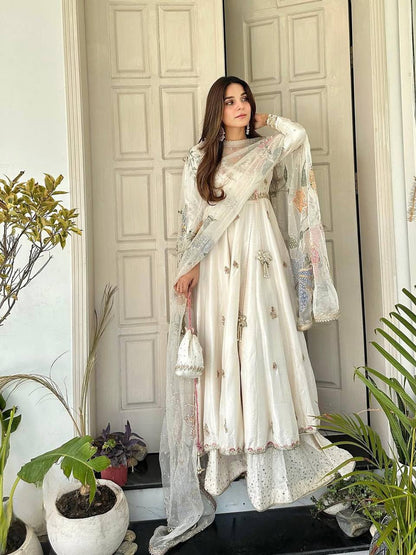 OFF-WHITE EMBROIDERED CHINON 3-PIECE GOWN SET WITH  ORGANZA DUPATTA