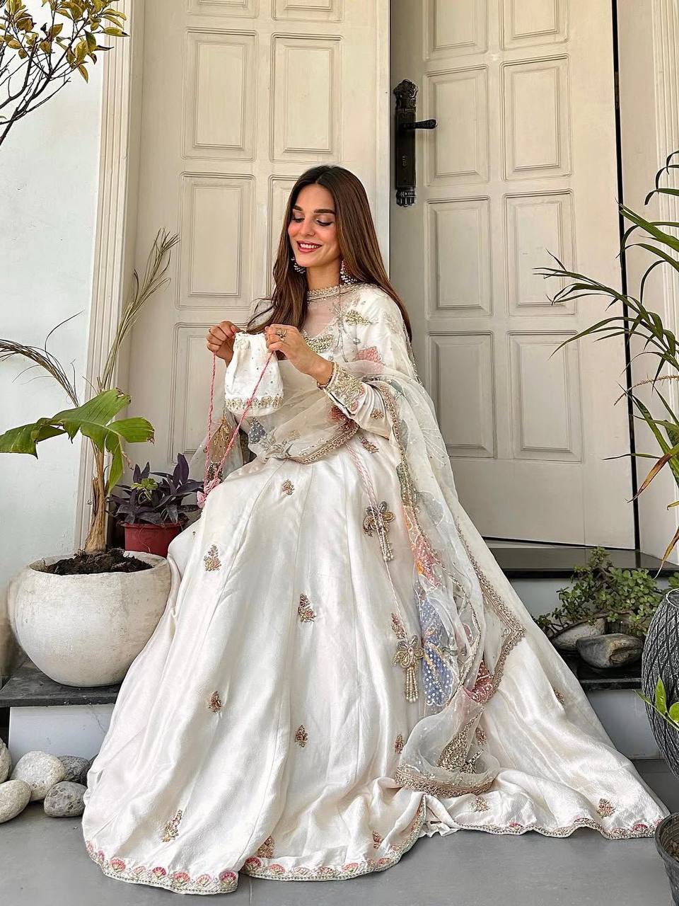 OFF-WHITE EMBROIDERED CHINON 3-PIECE GOWN SET WITH  ORGANZA DUPATTA