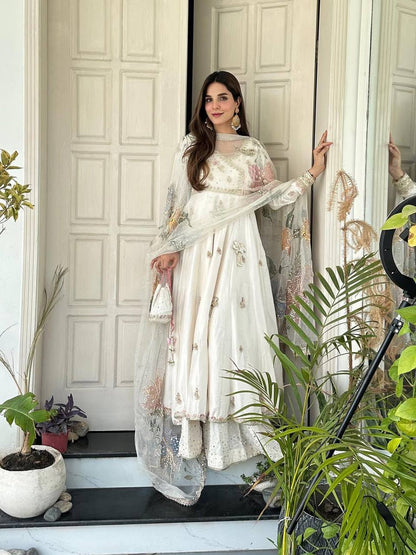 OFF-WHITE EMBROIDERED CHINON 3-PIECE GOWN SET WITH  ORGANZA DUPATTA
