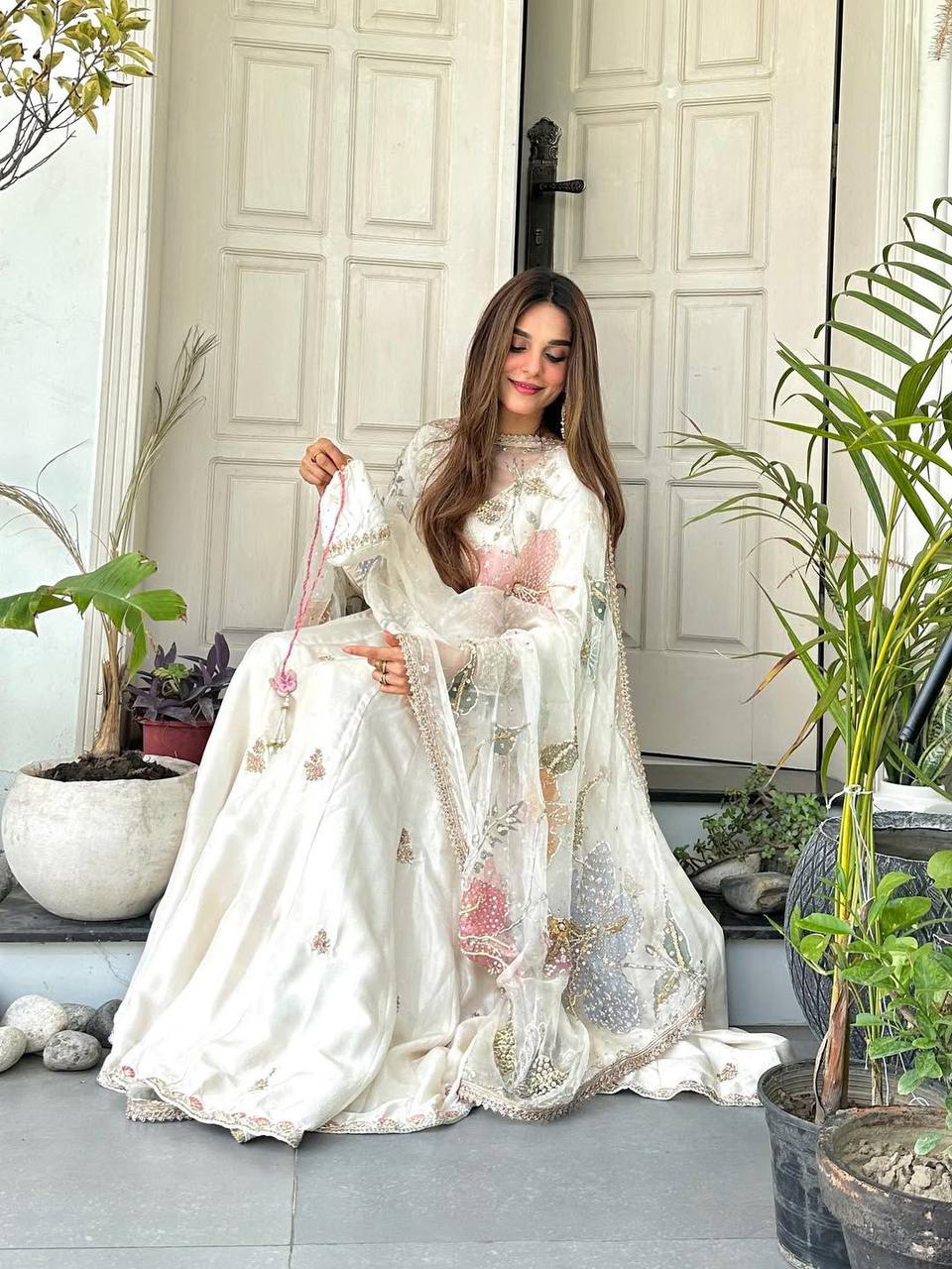 OFF-WHITE EMBROIDERED CHINON 3-PIECE GOWN SET WITH  ORGANZA DUPATTA
