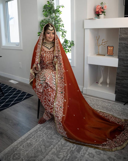 ORANGE HEAVY CRAPE SILK PUNJABI SUIT WITH FARSHI SALWAR