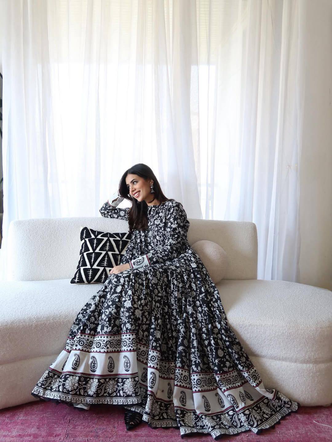 BLACK AND WHITE ANARKALI GOWN WITH DIGITAL PRINT ON MASLIN COTTON WITH LACE BORDER