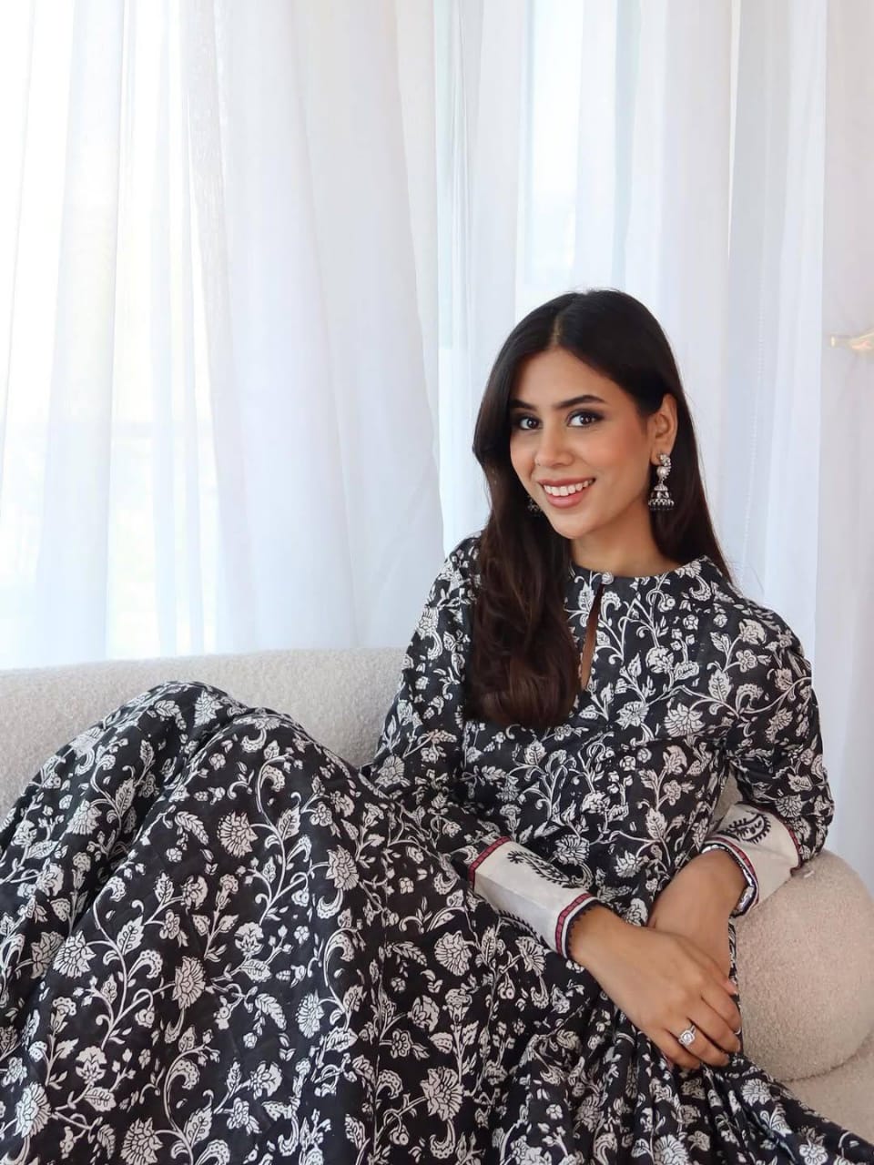 BLACK AND WHITE ANARKALI GOWN WITH DIGITAL PRINT ON MASLIN COTTON WITH LACE BORDER