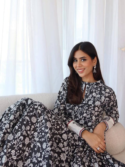 BLACK AND WHITE ANARKALI GOWN WITH DIGITAL PRINT ON MASLIN COTTON WITH LACE BORDER