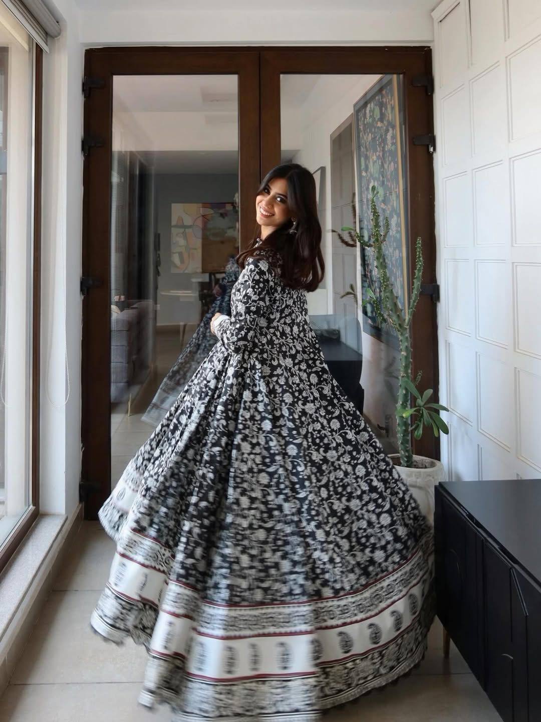 BLACK AND WHITE ANARKALI GOWN WITH DIGITAL PRINT ON MASLIN COTTON WITH LACE BORDER