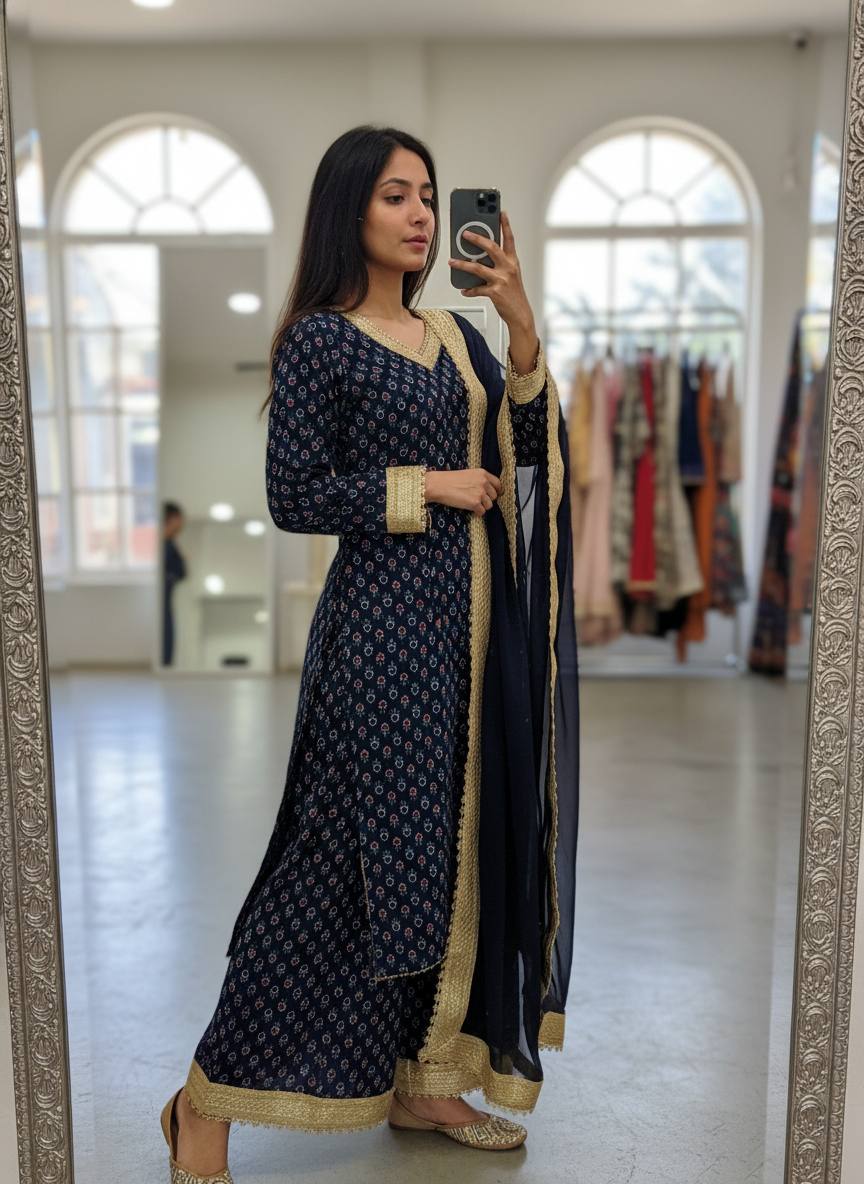 BLUE  V-NECK GEORGETTE DIGITAL PRINT KURTI PLAZZO SET