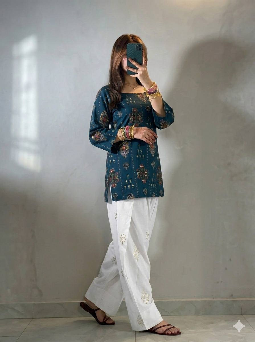 BLUE MUSLIN COTTON KURTI WITH WHITE FARSHI PLAZZO AND EMBROIDERY WORK