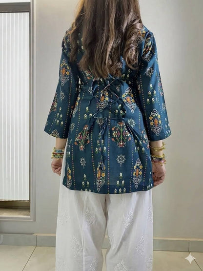 BLUE MUSLIN COTTON KURTI WITH WHITE FARSHI PLAZZO AND EMBROIDERY WORK