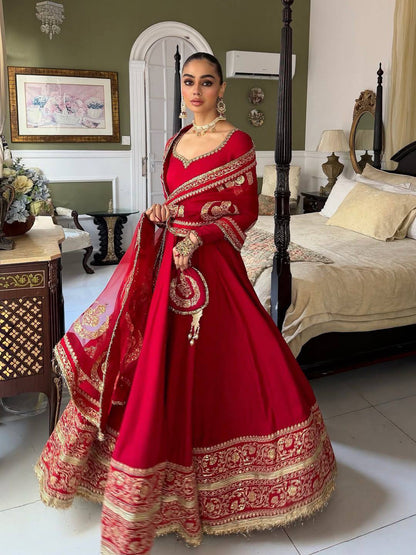RED CHINON SILK EMBROIDERED ANARKALI GOWN SET