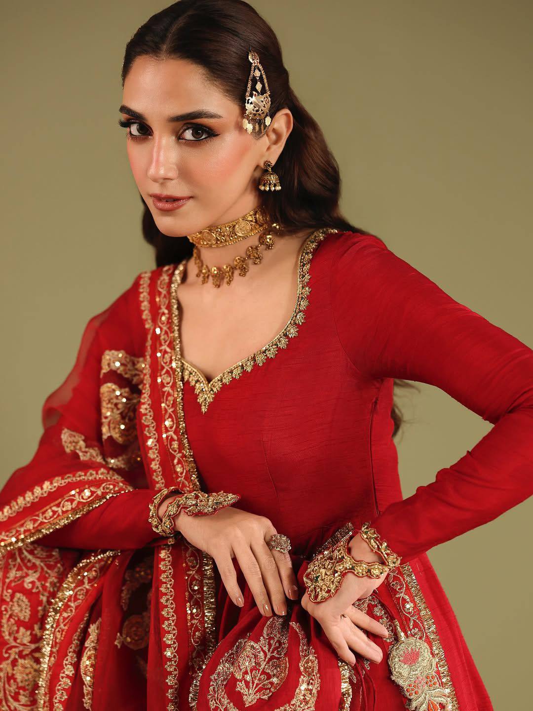 RED CHINON SILK EMBROIDERED ANARKALI GOWN SET