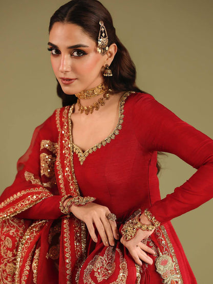 RED CHINON SILK EMBROIDERED ANARKALI GOWN SET