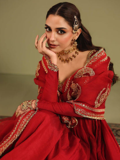 RED CHINON SILK EMBROIDERED ANARKALI GOWN SET