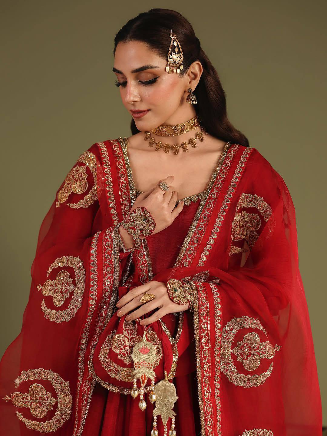 RED CHINON SILK EMBROIDERED ANARKALI GOWN SET