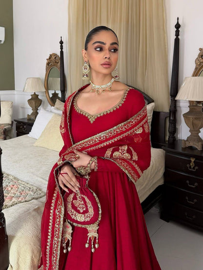 RED CHINON SILK EMBROIDERED ANARKALI GOWN SET