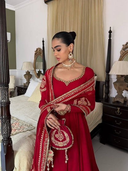 RED CHINON SILK EMBROIDERED ANARKALI GOWN SET