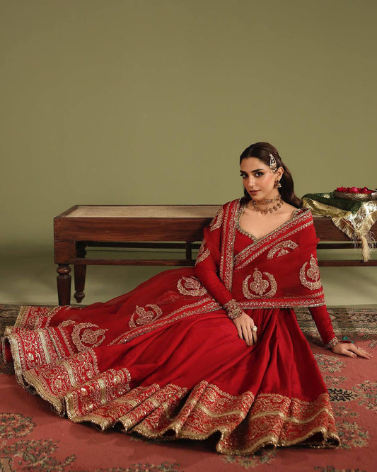 RED CHINON SILK EMBROIDERED ANARKALI GOWN SET