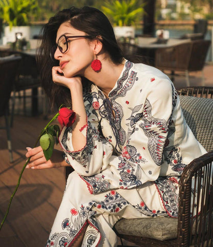 WHITE MUSLIN COTTON EMBROIDERED CO-ORD SET