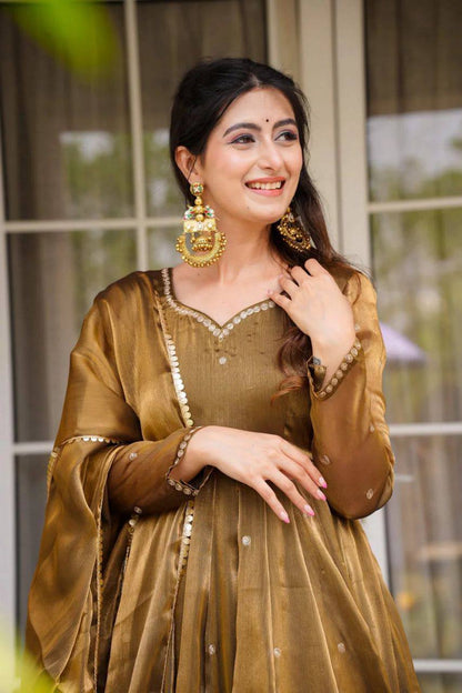 GOLDEN JIMI CHOO THREAD WORK SUIT SET WITH FOUR-SIDE LACE DUPATTA
