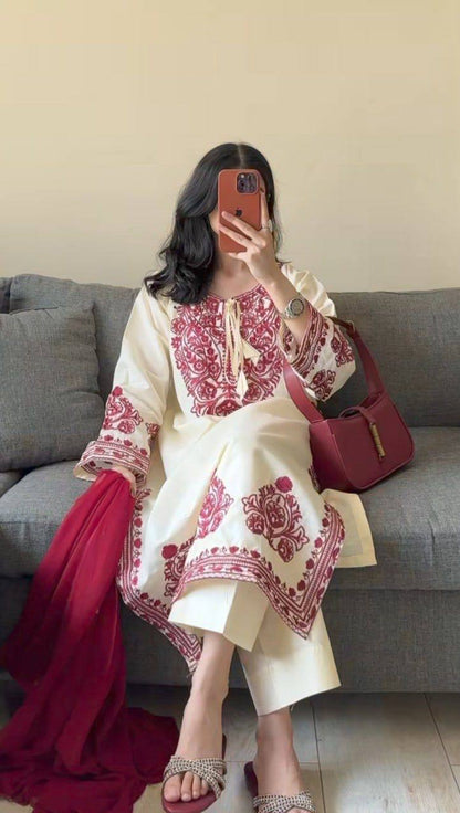CREAM AND MAROON ROMAN SILK SALWAR SUIT SET