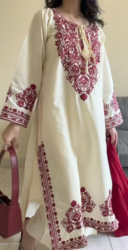 CREAM AND MAROON ROMAN SILK SALWAR SUIT SET