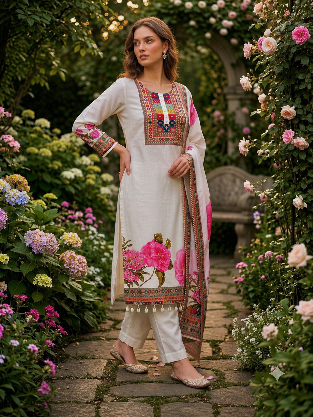 WHITE MUSLIN COTTON KURTA SET WITH DUPATTA