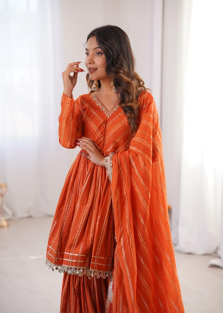 MAL CHANDERI WITH MIRROR & HAND WORK SHARARA SUIT