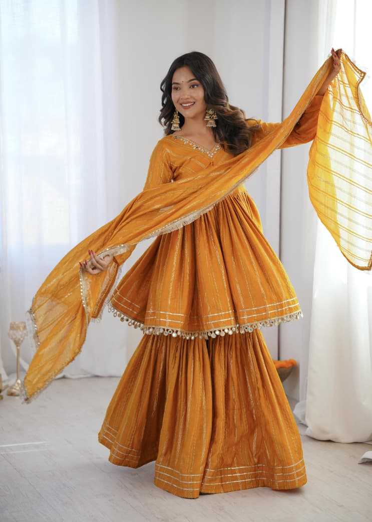 MAL CHANDERI WITH MIRROR & HAND WORK SHARARA SUIT