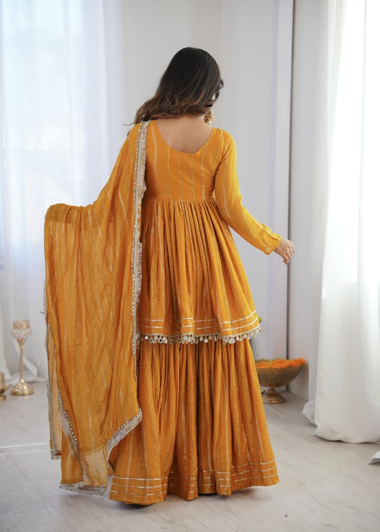 MAL CHANDERI WITH MIRROR & HAND WORK SHARARA SUIT