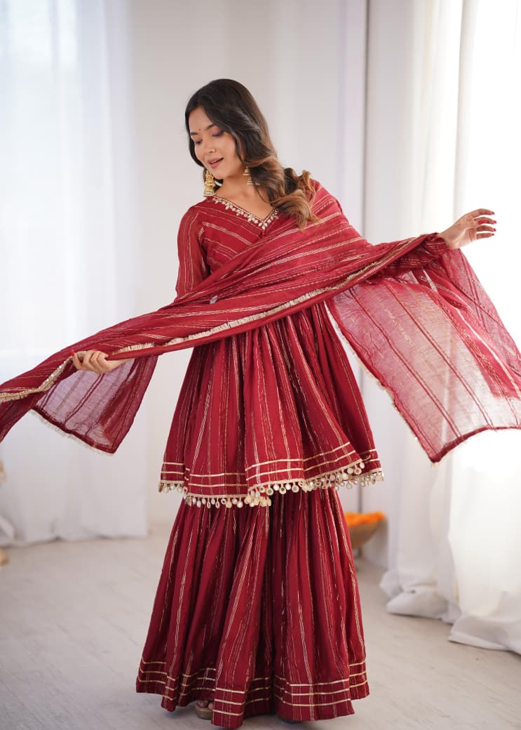 MAL CHANDERI WITH MIRROR & HAND WORK SHARARA SUIT