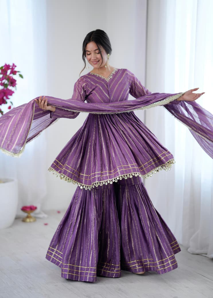 MAL CHANDERI WITH MIRROR & HAND WORK SHARARA SUIT