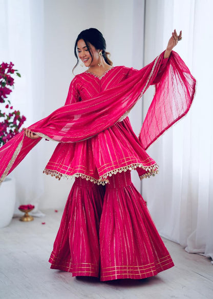 MAL CHANDERI WITH MIRROR & HAND WORK SHARARA SUIT