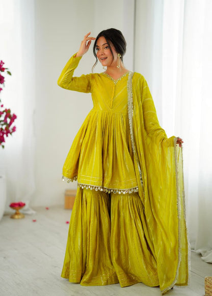 MAL CHANDERI WITH MIRROR & HAND WORK SHARARA SUIT