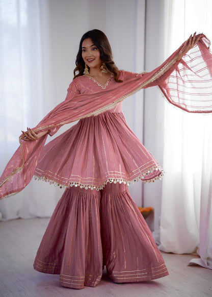 MAL CHANDERI WITH MIRROR & HAND WORK SHARARA SUIT